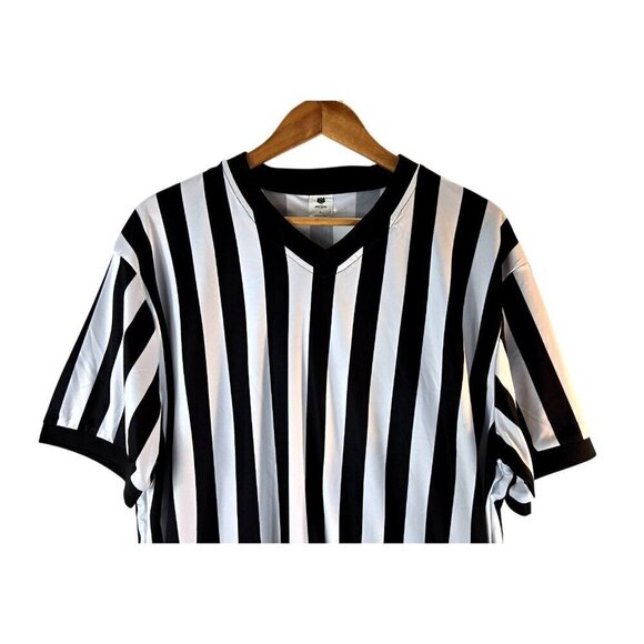 FitsTF Mens Referee Jersey Shirt V-Neck Size L Black White Stipe Sports Umpire - Picture 3 of 10